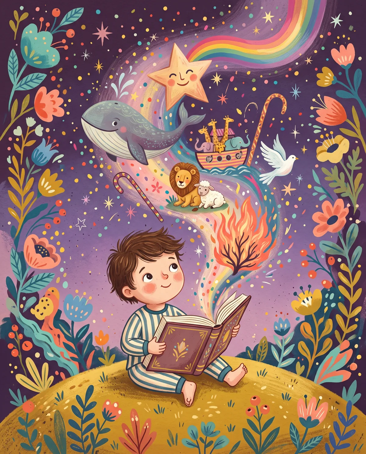 A small boy in striped pajamas sits on a hill at dusk with a giant open book, and the whole Bible pours out of it as a parade of whales, arks, stars and lambs.