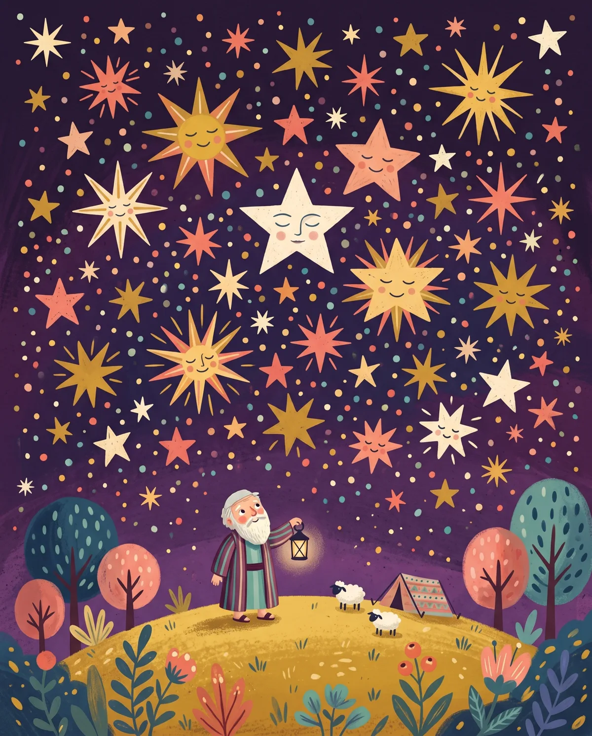 Abraham stands tiny on a hill with a lantern under a plum sky bursting with sleeping star faces.