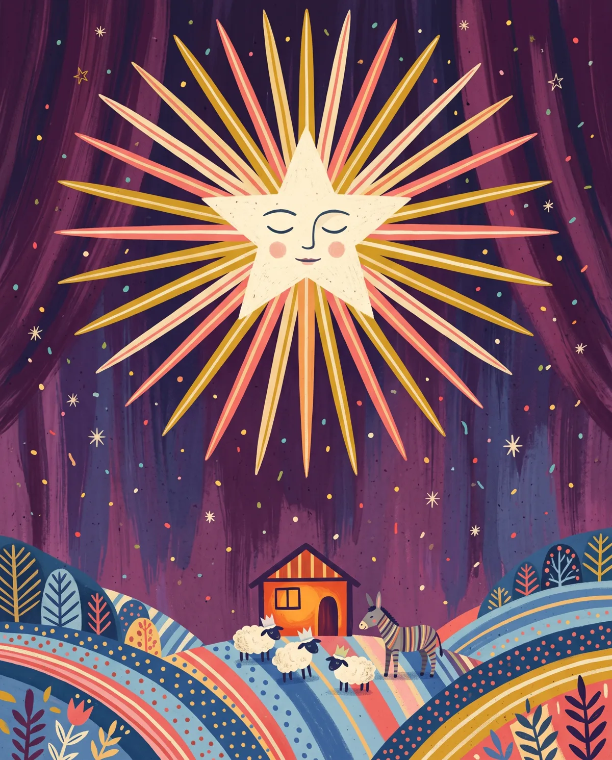 A colossal sleeping star with striped rays hangs over a tiny glowing stable on a striped hill.