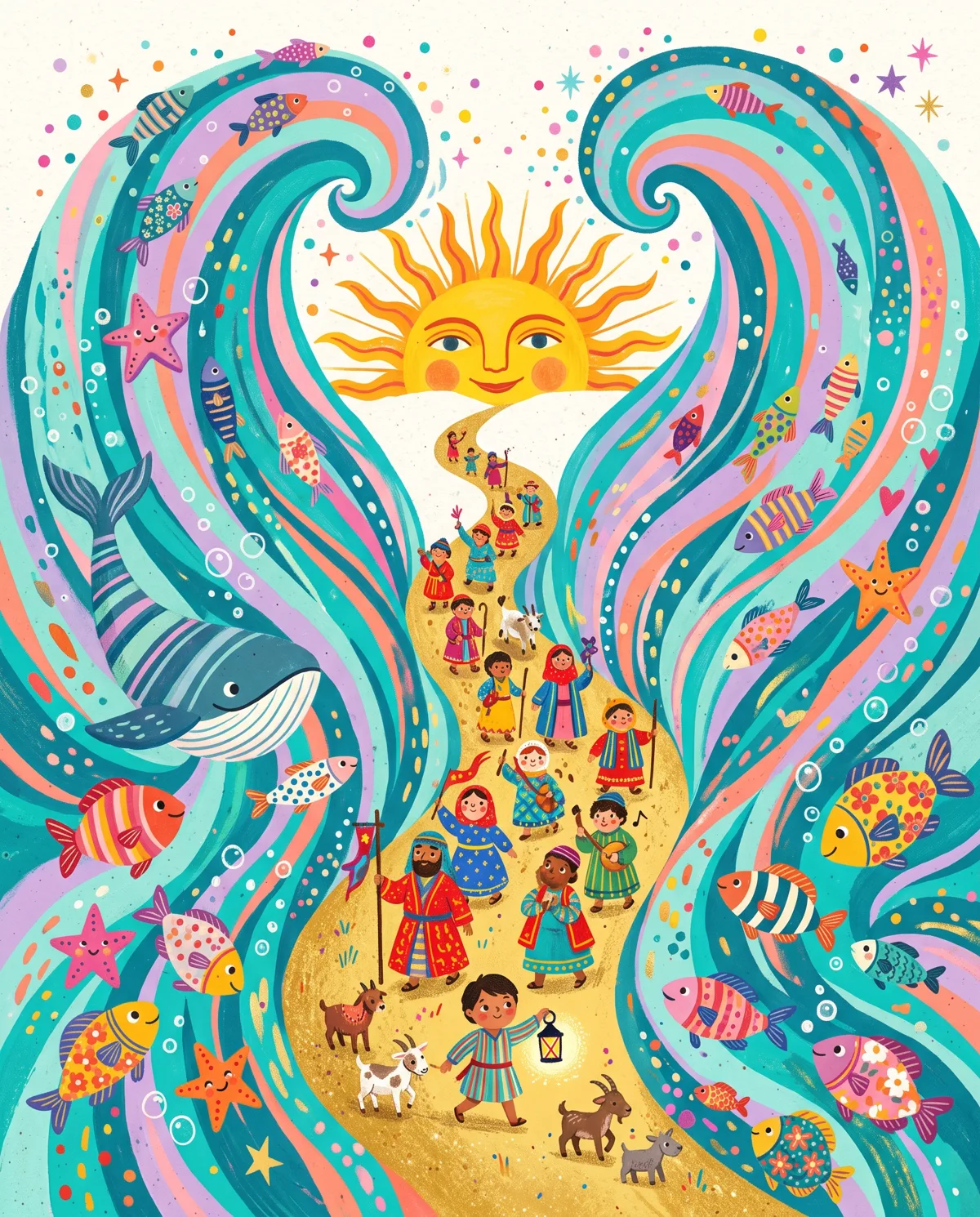A parade of tiny people walks a golden path between towering striped ribbon waves full of fish.