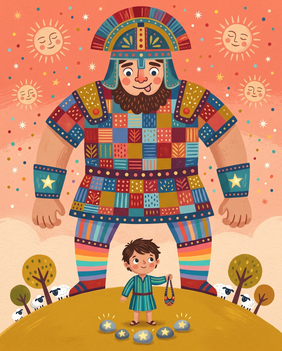 A small shepherd boy with a sling stands calmly beneath a giant patchwork-armored Goliath.