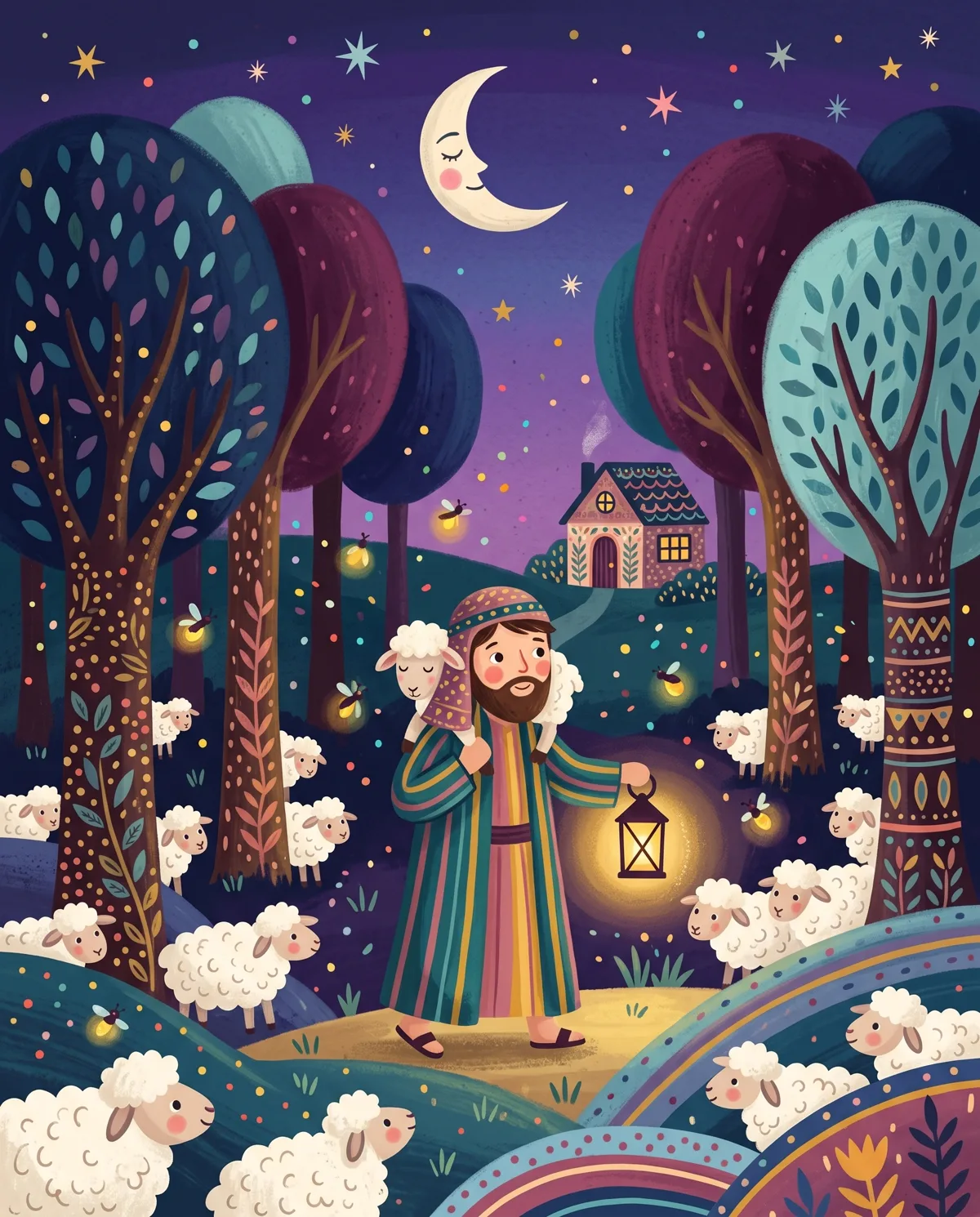 A shepherd carries a lamb on his shoulders through a dark forest of blob-trees, ninety-nine sheep peeking out.