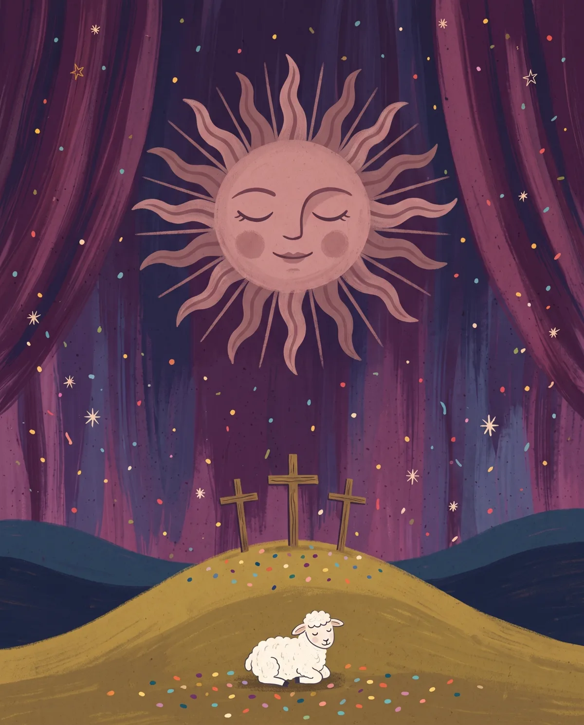 Three small crosses on a hill under a plum curtain sky, the sun with its eyes closed, a single lamb below.