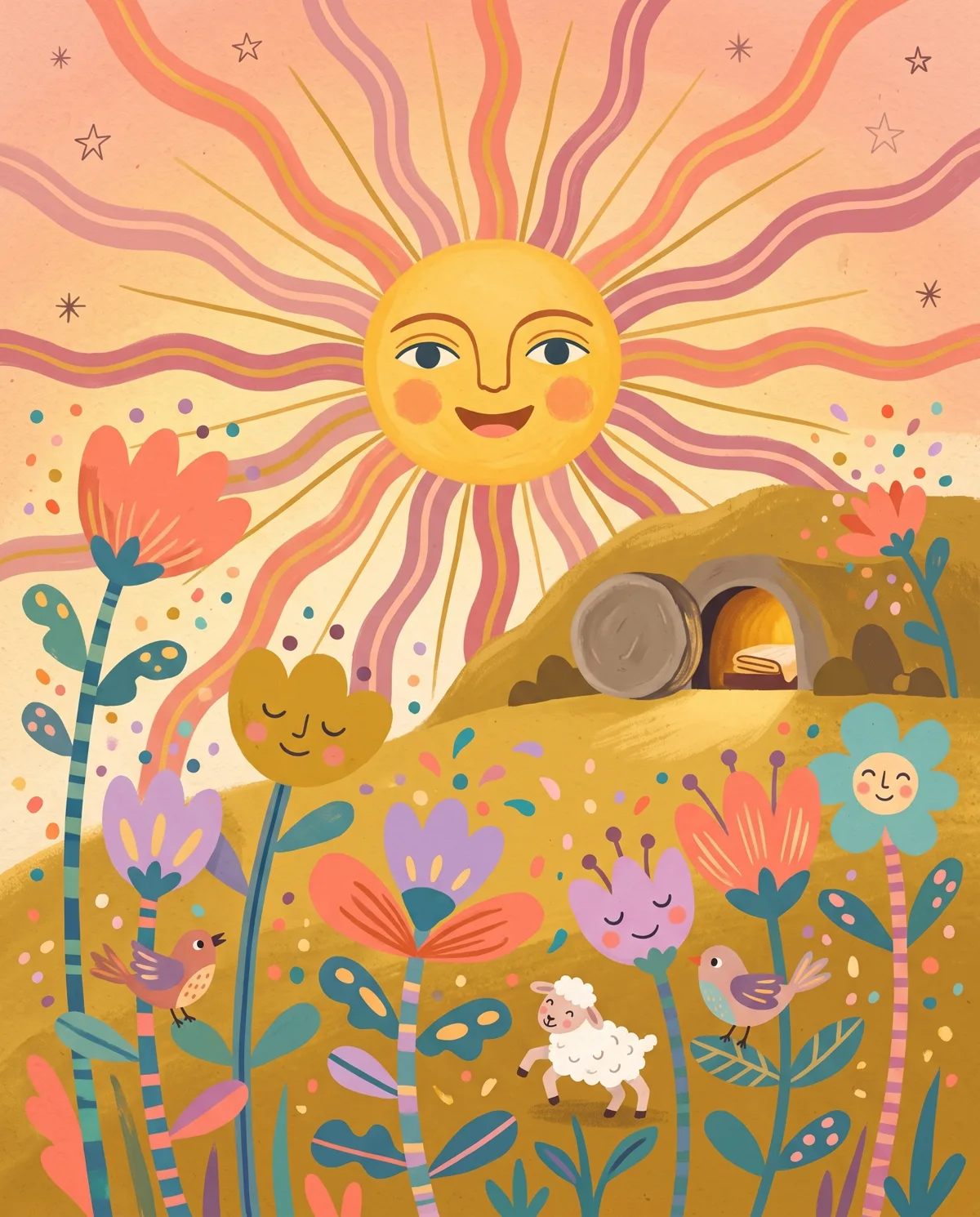 The sun wide awake with a joyful face over an empty tomb in a garden of smiling flowers.