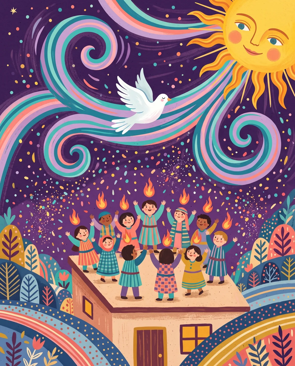 A rooftop crowd with small flames over their heads under swirling ribbon wind and a dove.