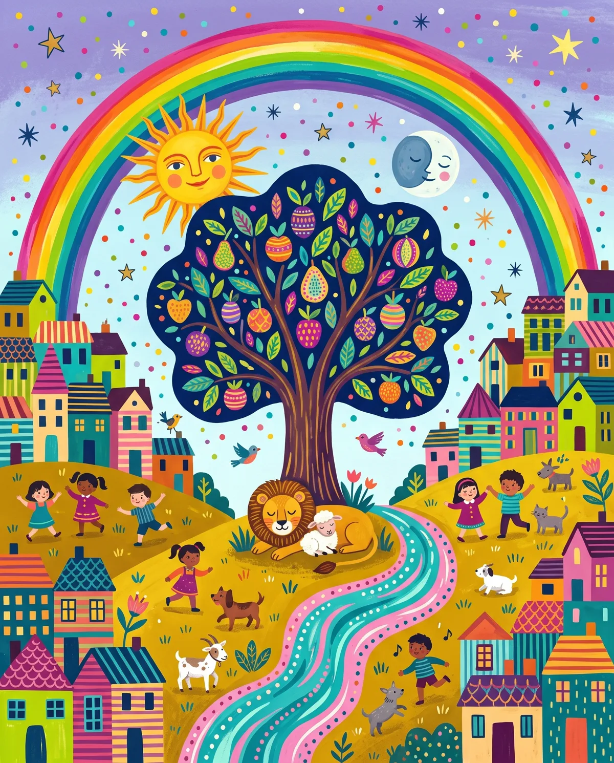A joyful city of striped houses around a tree of life, a lion and lamb napping at its roots, sun and moon sharing the sky under a rainbow.
