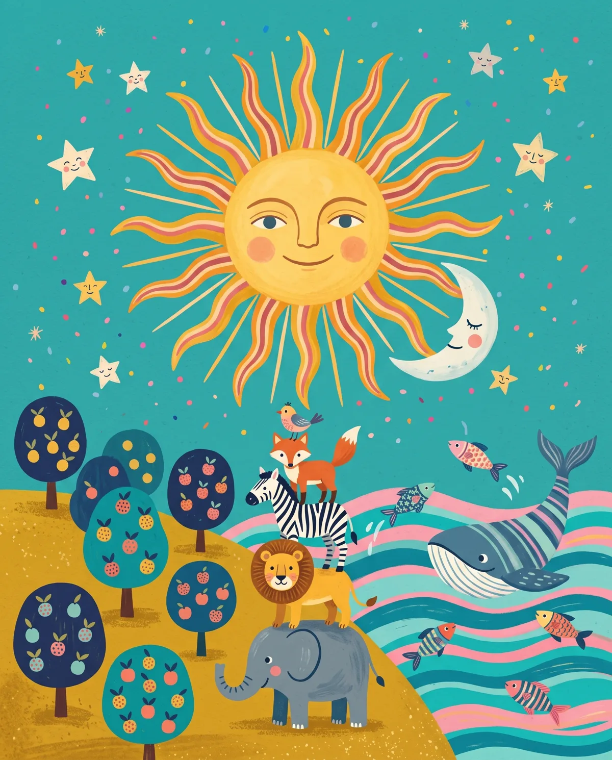 A smiling sun and sleepy moon over a brand-new world of blob-trees, striped seas and a totem stack of animals.