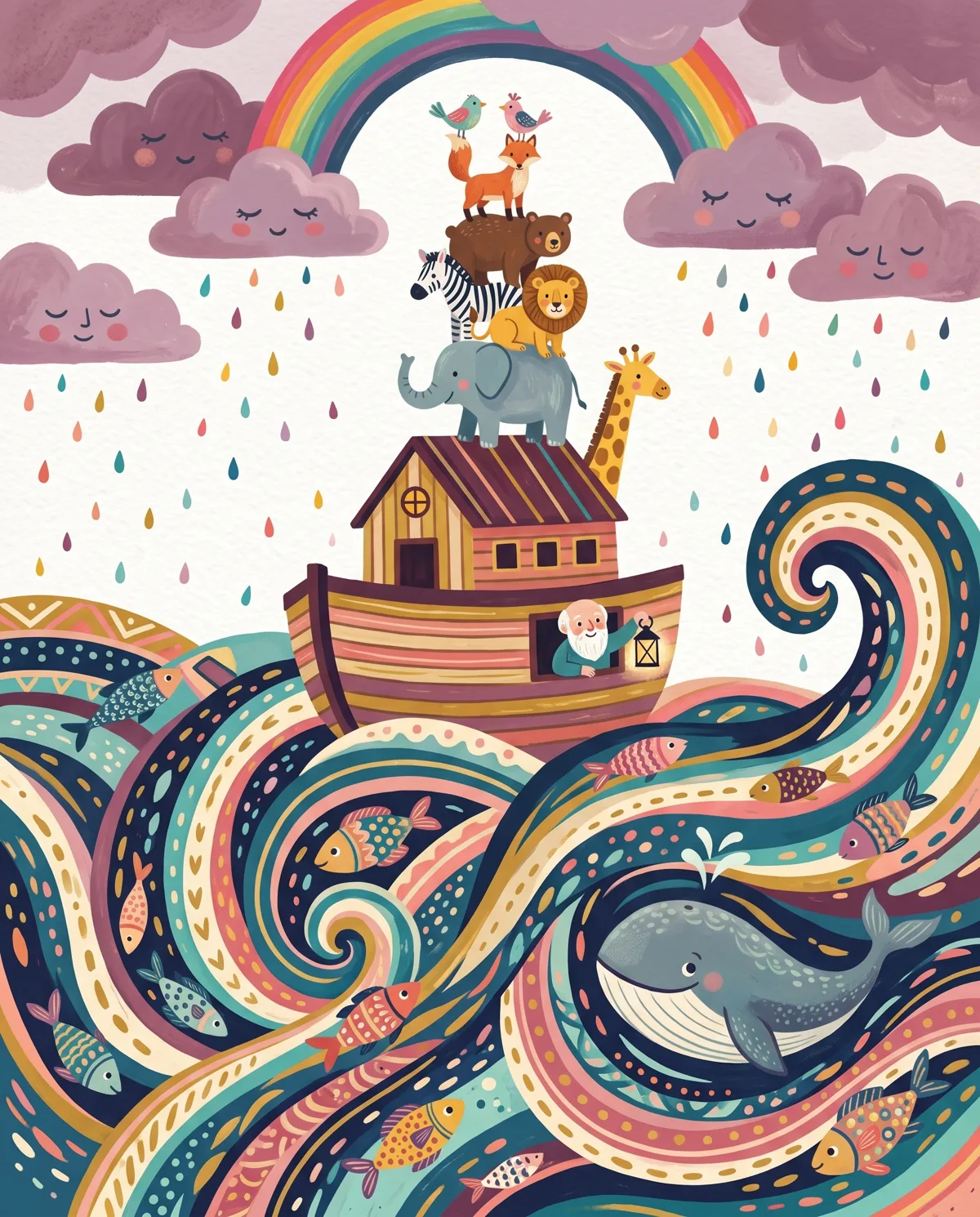 A striped ark piled with a tower of animals rides swirling ribbon waves under a rainbow breaking through.